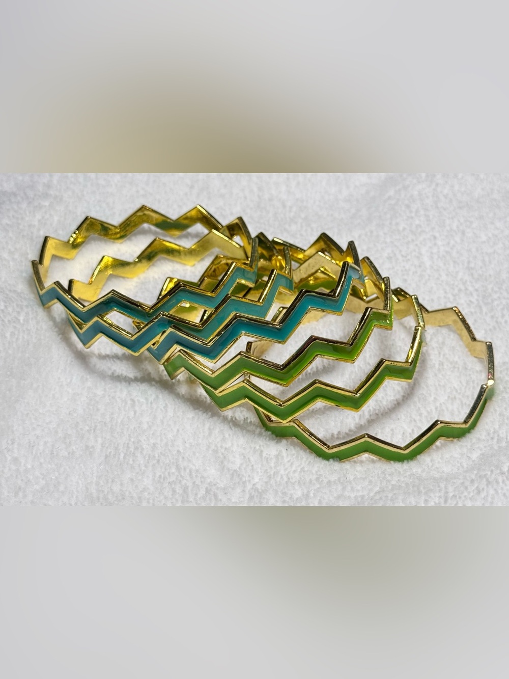 Set of 6 Chevron Nesting Bangle Bracelets Aqua Blue & Lime Green with Gold-tone